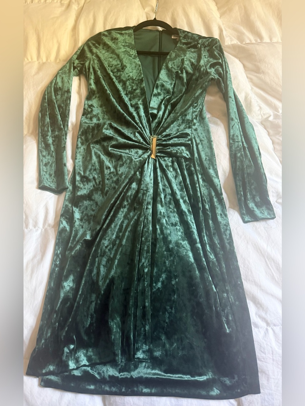 Calvin Klein Emerald Green Velvet Twist-Front Long Sleeve Dress